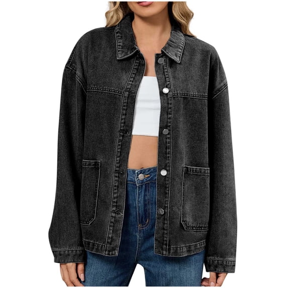 CHUMUD Womens Denim Jacket Long Sleeve Button Down Lapel Collar Jacket Casual Boyfriend Jeans Shacket with Patch Pockets