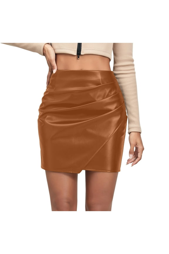 Womens Faux Leather Skirts Fashion Stretchy PU Skirt Bodycon High Waisted Pleated Mini Skirt Pencil Short Skirt