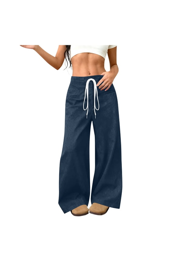Womens Faux Suede Pants Drawstring High Waisted Wide Leg Trousers with Pockets Baggy Stretchy Wrap Travel Pants