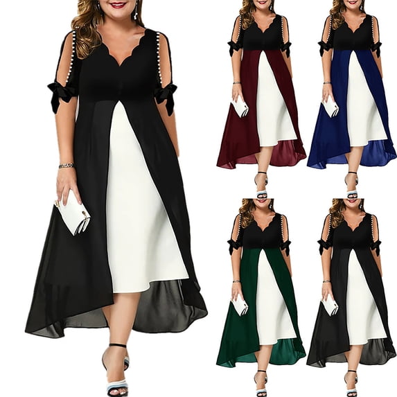 CHUMUD Womens Formal Maxi Dresses Pearl Bow Short Sleeve V Neck Long Dress Wedding Guest Cocktail Party Evening Dress Summer Casual