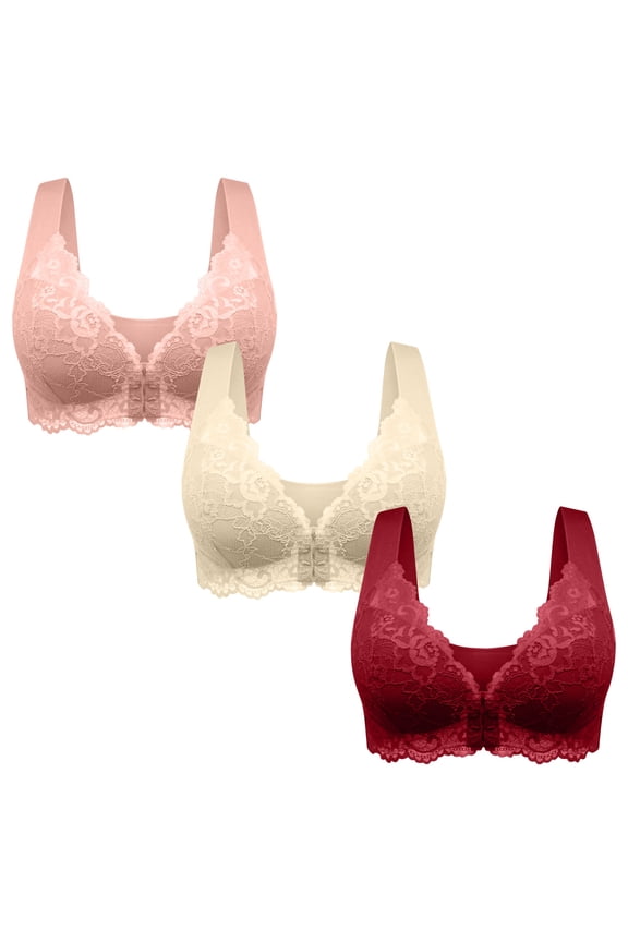 Womens Front Closure Bra 3 Pack Wireless Full Coverage Lace Bra Comfort Everyday 36-48