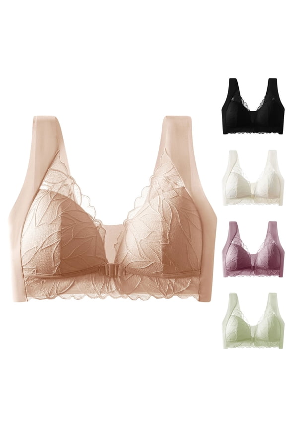 Womens Front Closure Bra Wireless Wide Strap Seamless Comfort Lace Leaf Pattern Bra for Daily Wear