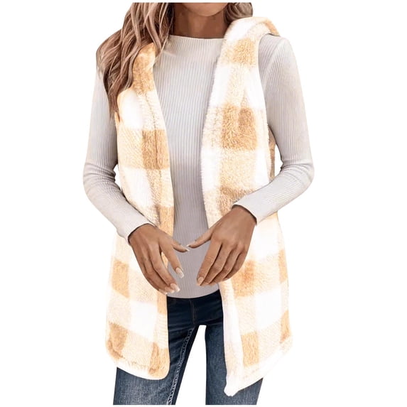 CHUMUD Womens Fuzzy Cardigan Open Front Fleece Vest Sleeveless Hooded Jacket Checkered Print Soft Warm Cozy Outwear