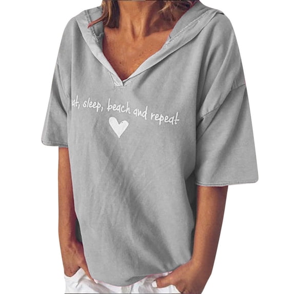 CHUMUD Womens Hooded Summer Tops Short Sleeve V Neck Heart Hoodies Top Loose Fit Trendy Casual Going Out Clothes (Avail for Plus Size)