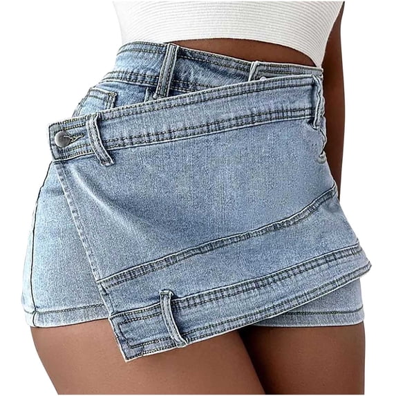 CHUMUD Womens Jean Skort Skirts High Waisted Asymmetrical Stretchy Denim Skirt with Shorts Button Summer Mini Skirt Vacation