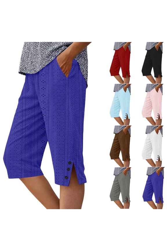 Womens Knee Length Pants Casual Pull On Stretchy High Waisted Loose Pants Summer
