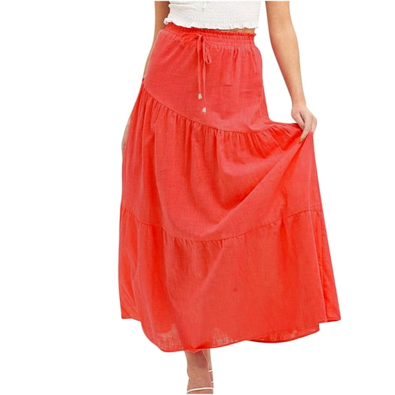 CHUMUD Womens Linen Skirts Elastic High Waist Boho Maxi Skirt Swing Tiered A-Line with Drawstring Fashion Beach Vacation Summer Wear