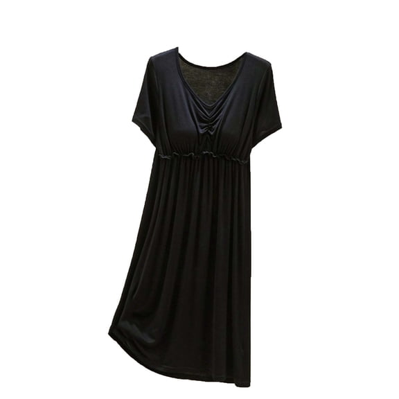 CHUMUD Womens Long Nightgown with Bra Short Sleeve V Neck Sleepwear Pleated High Waist Pajama Dress Soft Loungewear Casual