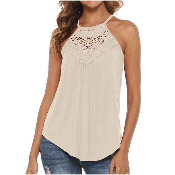 CHUMUD Womens Loose Fit Tank Tops Sleeveless Lace Cutout Off the Shoulder Tops Summer Curved Hem Flowy