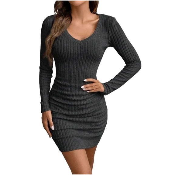 CHUMUD Womens Mini Sweater Dress Long Sleeve Bodycon Ribbed Knit V Neck Short Dresses