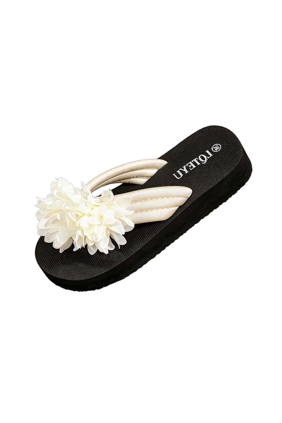 Womens Outdoor Fuzzy Flower Decor Toe Post Platform Flip-Flop Sandals, Casual Open Toe Slip-On Slippers, Lightweight Summer Beach Sandals