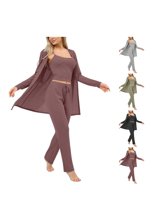 Womens Outfits 3 Piece Track Suits Set Long Cardigan Crop Tank Top Straight Leg Pants Matching Tracksuit Sets