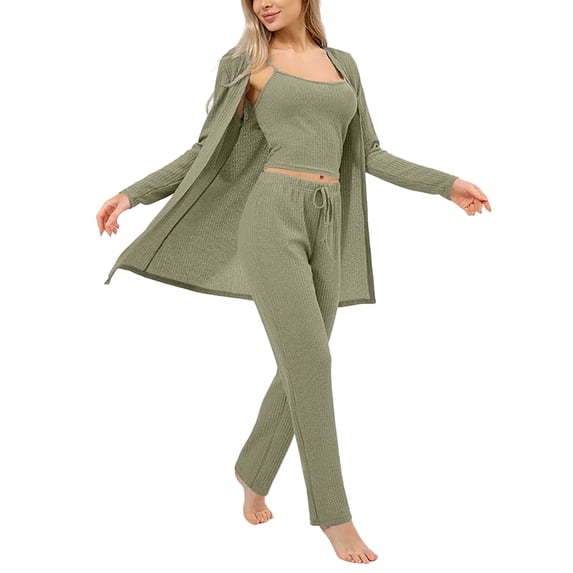 CHUMUD Womens Outfits 3 Piece Track Suits Set Long Cardigan Crop Tank Top Straight Leg Pants Matching Tracksuit Sets