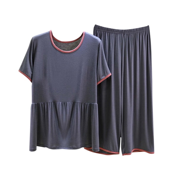 CHUMUD Womens Pajamas Sets 2 Piece Lounge Set Short Sleeve Tops and Wide Leg Long Pants Soft Pjs Ruffle Hem Loungewear Summer Casual (Plus Size)