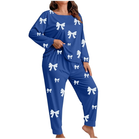 CHUMUD Womens Plus Size 2 Piece Pajama Sets Long Sleeve Crew Neck Tops and Pants Soft Bow Sleepwear Casual Nightwear Pjs Lounge Set