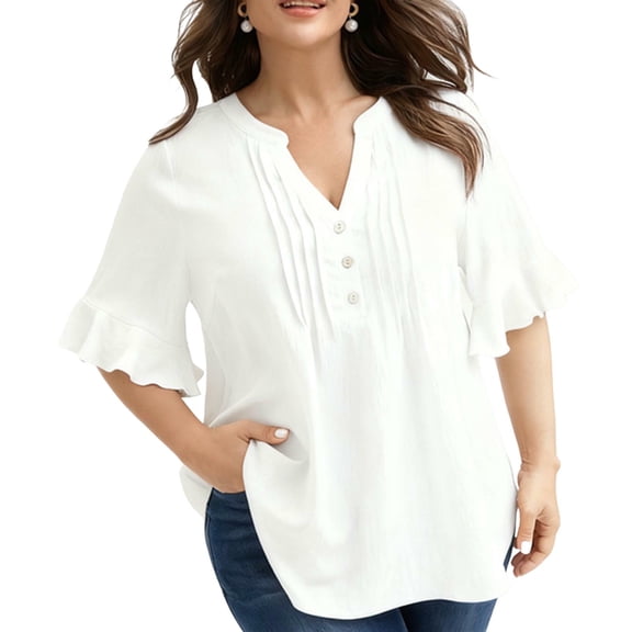 CHUMUD Womens Plus Size Cotton Linen Tops Ruffle Short Sleeve V Neck Top Casual Button Down Pleated Blouse Loose Fit Spring Summer Fashion