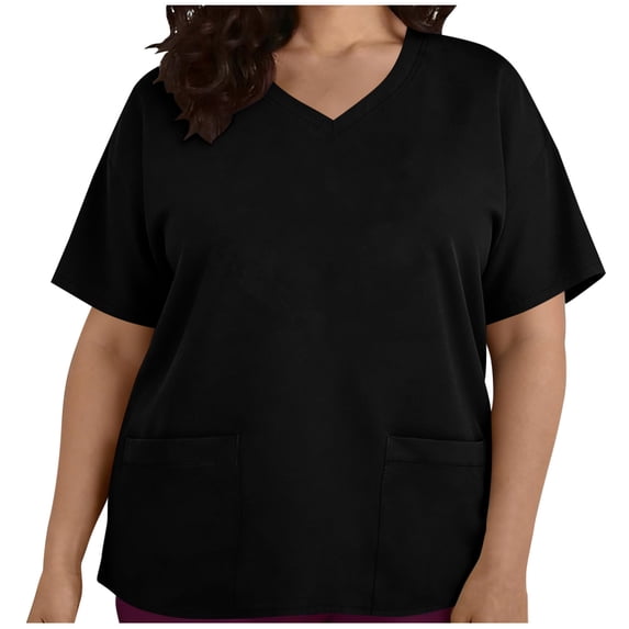 CHUMUD Womens Plus Size Scrub Tops Short Sleeve V Neck Blouse with Pockets Care Worker Uniform Casual Loose Fit Tee Spring Summer