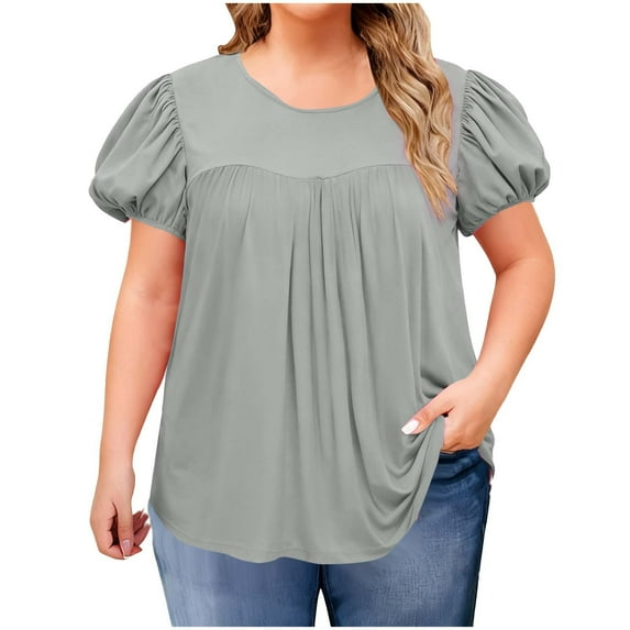 CHUMUD Womens Plus Size T Shirt Elastic Short Sleeve Crew Neck Top Casual Pleated Blouse Loose Fit Spring Summer Fashion