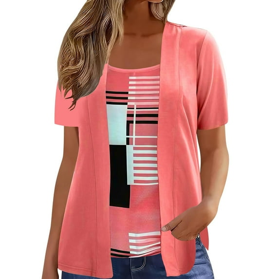CHUMUD Womens Plus Size Tops Short Sleeve Crew Neck Top Casual Color Block Blouse Loose Fit Spring Summer Fashion