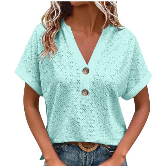 CHUMUD Womens Plus Size Tops V Neck Short Sleeve Half Button Solid T Shirts Casual Cutouts Blouses