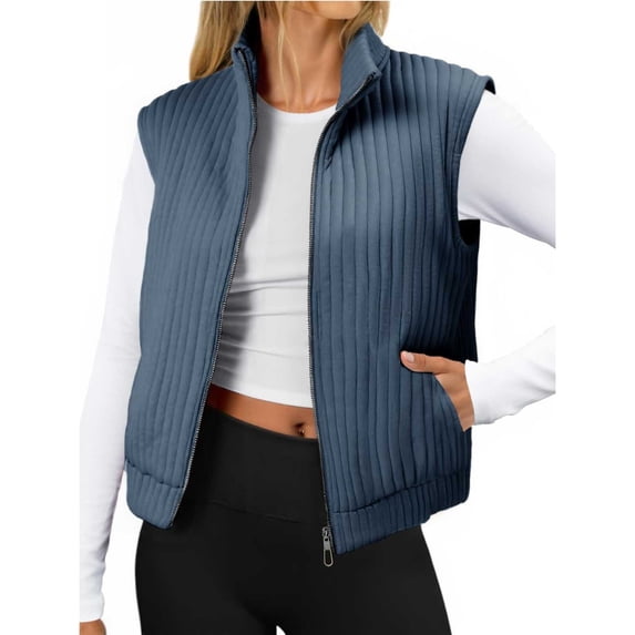 CHUMUD Womens Quilted Vest Sleeveless Zip Up Jackets Casual Stand Collar Outerwear with Pockets Fall Spring Trendy Lightweight Coat
