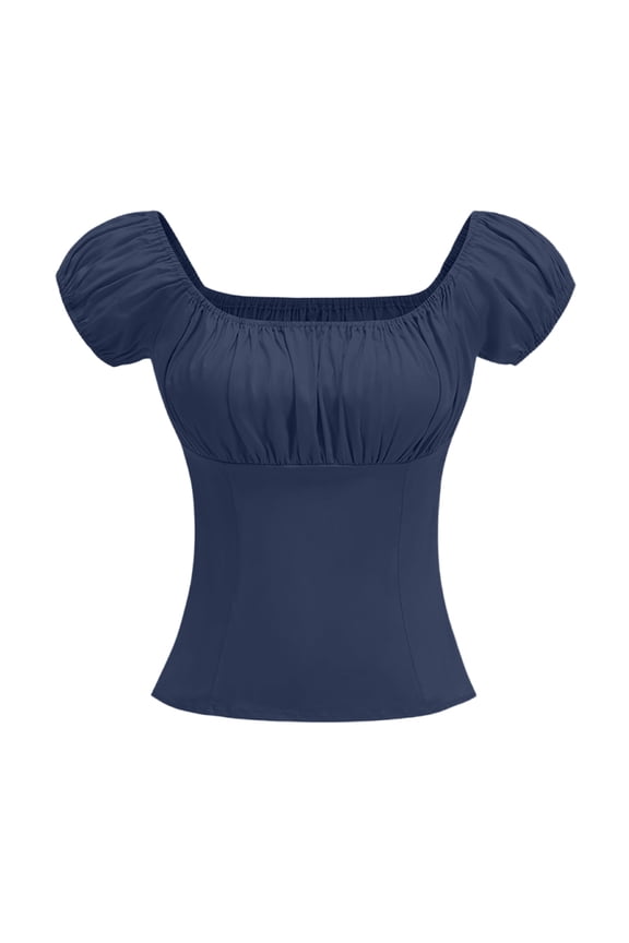 Womens Ruched Square Neck T Shirt Cap Short Sleeve Slim Fitted Casual Tee Tops