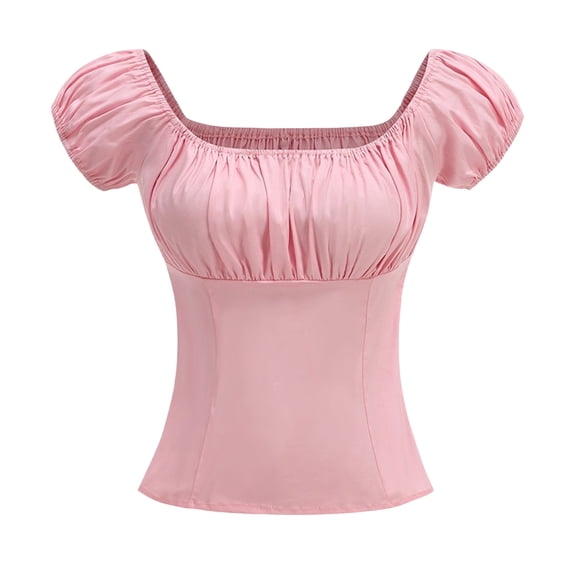 CHUMUD Womens Ruched Square Neck T Shirt Cap Short Sleeve Slim Fitted Casual Tee Tops