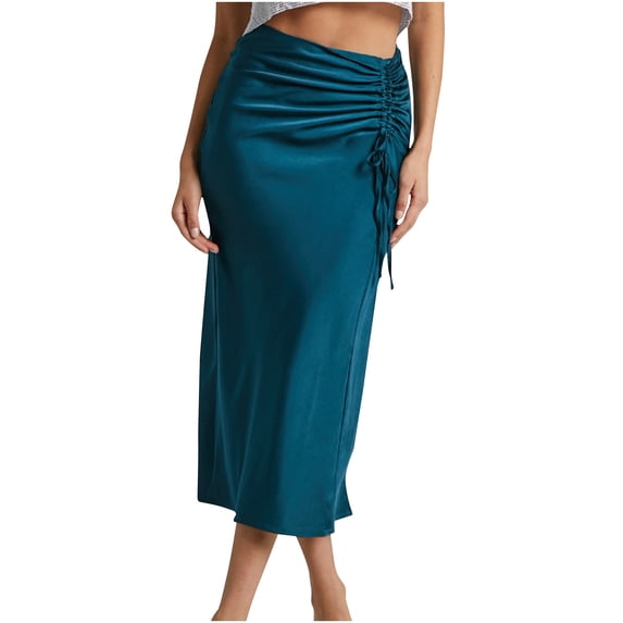 CHUMUD Womens Satin Skirts High Waisted Side Drawstring Midi Skirt Summer Elegant