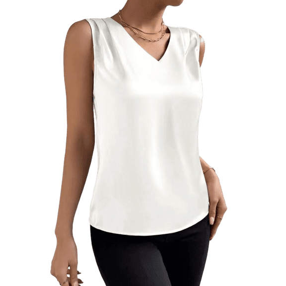 CHUMUD Womens Satin Tank Tops V Neck Pleated Sleeveless Business Casual Outfit Summer Dressy Work Blouse