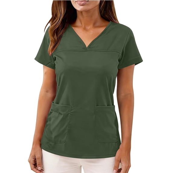 CHUMUD Womens Scrub Tops Short Sleeve V Neck Blouse with Pockets Care Worker Uniform Casual Loose Fit Tee Spring Summer
