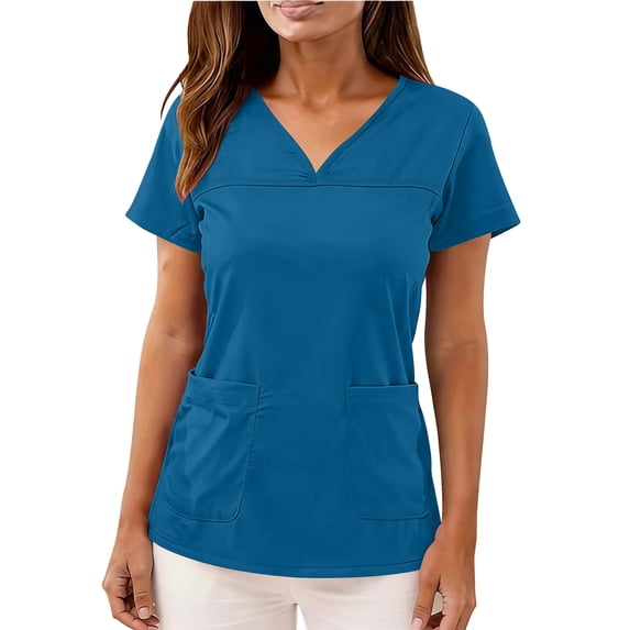 CHUMUD Womens Scrub Tops Short Sleeve V Neck Blouse with Pockets Care Worker Uniform Casual Loose Fit Tee Spring Summer