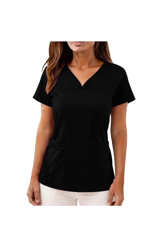 Womens Scrub Tops Short Sleeve V Neck Blouse with Pockets Care Worker Uniform Casual Loose Fit Tee Spring Summer