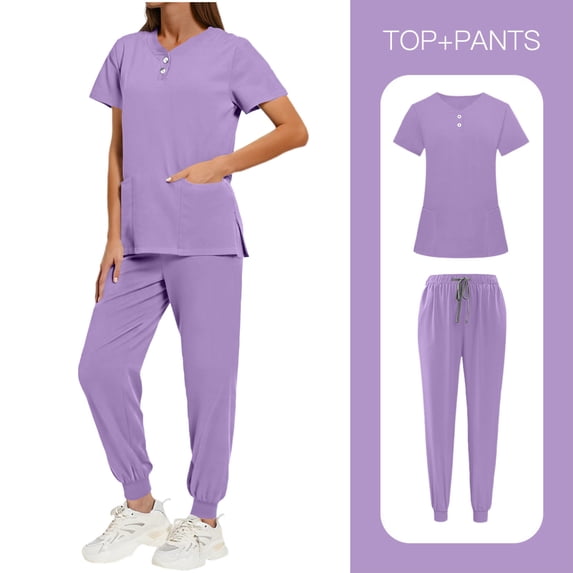 CHUMUD Womens Scrubs Set Medical Uniforms – Short Sleeve V-Neck Top & Jogger Pants with Pockets for Nurse, Doctor, Healthcare Workers