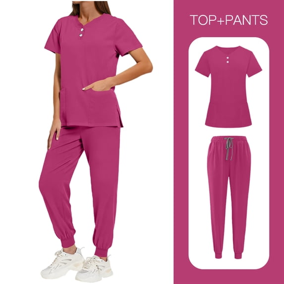 CHUMUD Womens Scrubs Set Medical Uniforms – Short Sleeve V-Neck Top & Jogger Pants with Pockets for Nurse, Doctor, Healthcare Workers