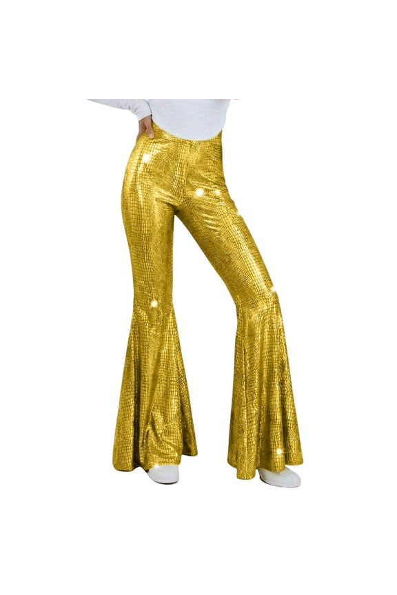 Womens Sequin Flare Pants Sparkly High Waisted Leg Bell Bottom Glitter PU Trousers Night Out Clubwear