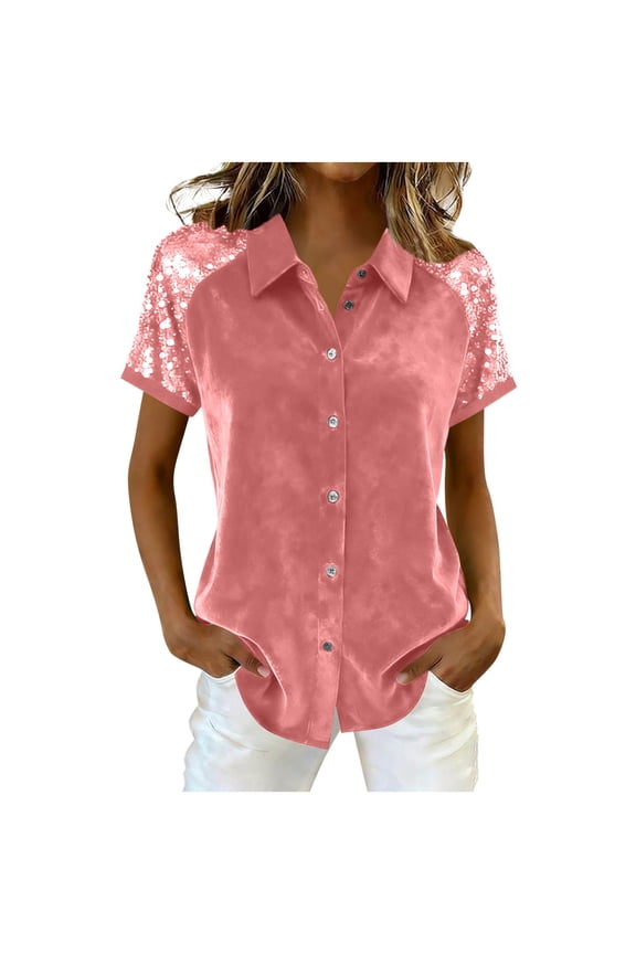 Womens Sequin Shirts Short Sleeve Collared Tops Button Down Casual Blouses Spring Summer Clothes