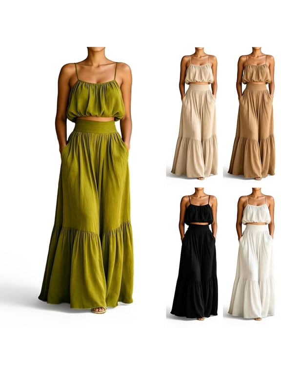 Womens Sets 2 Piece Outfits Skirts Summer Trendy Spaghetti Strap Ruffled Crop Top & High Waist Maxi Skirt Casual Going Out Vacation