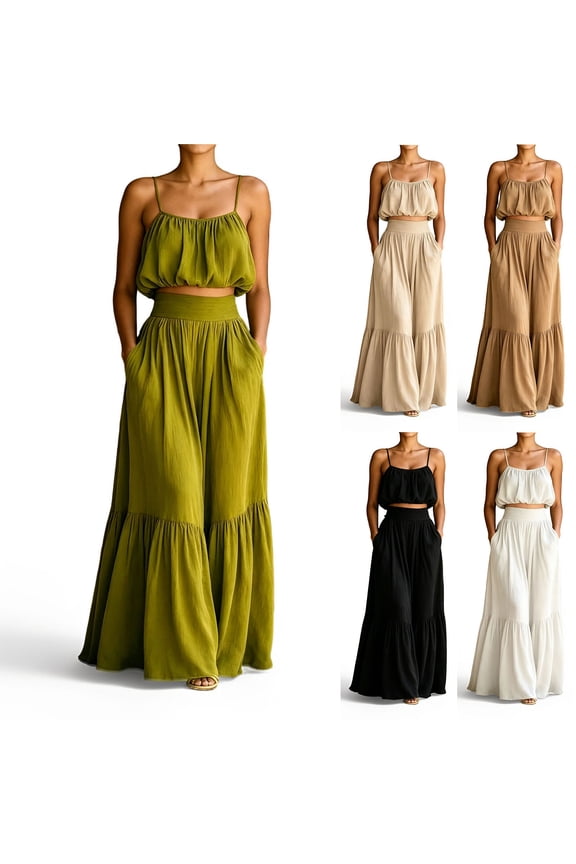 Womens Sets 2 Piece Outfits Skirts Summer Trendy Spaghetti Strap Ruffled Crop Top & High Waist Maxi Skirt Casual Going Out Vacation