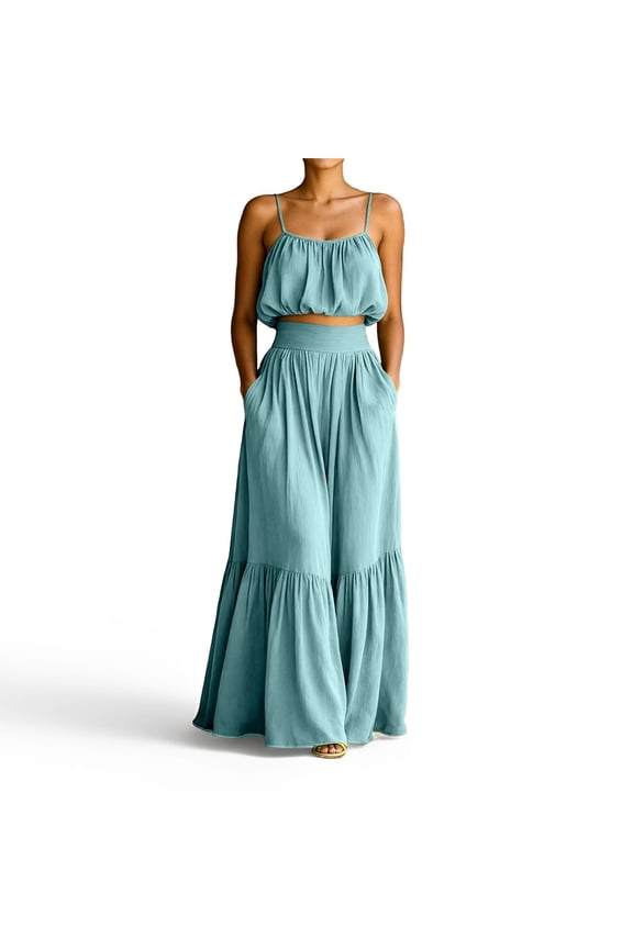 Womens Sets 2 Piece Outfits Skirts Summer Trendy Spaghetti Strap Ruffled Crop Top & High Waist Maxi Skirt Casual Going Out Vacation