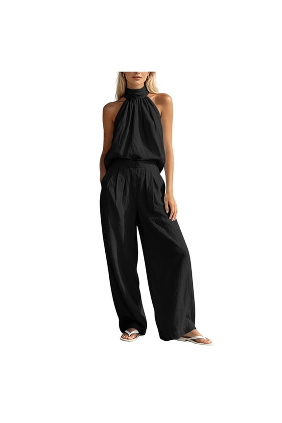 Womens Sets 2 Piece Outfits Summer Trendy Halter Sleeveless Tops & Wide Leg Pants Casual Going Out Matching Set