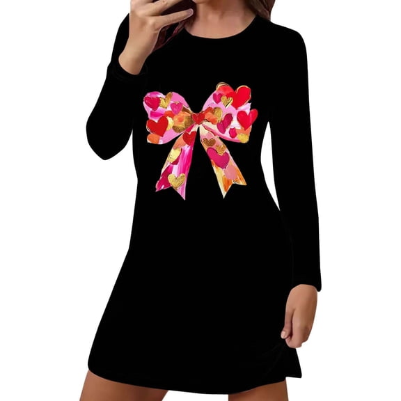 CHUMUD Womens Short Nightgown Long Sleeve Crew Neck Sleepwear Bow Heart Pajama Dress Loungewear Valentine's Day