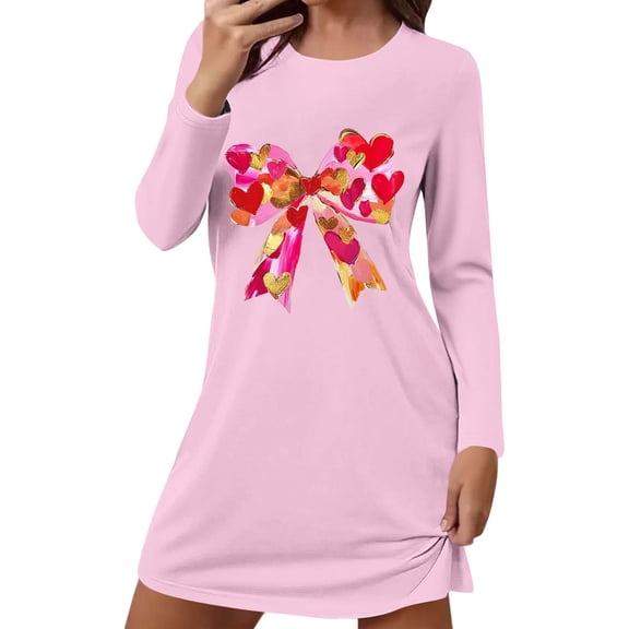 CHUMUD Womens Short Nightgown Long Sleeve Crew Neck Sleepwear Bow Heart Pajama Dress Loungewear Valentine's Day
