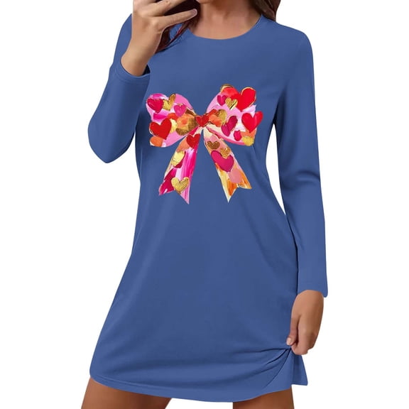 CHUMUD Womens Short Nightgown Long Sleeve Crew Neck Sleepwear Bow Heart Pajama Dress Loungewear Valentine's Day