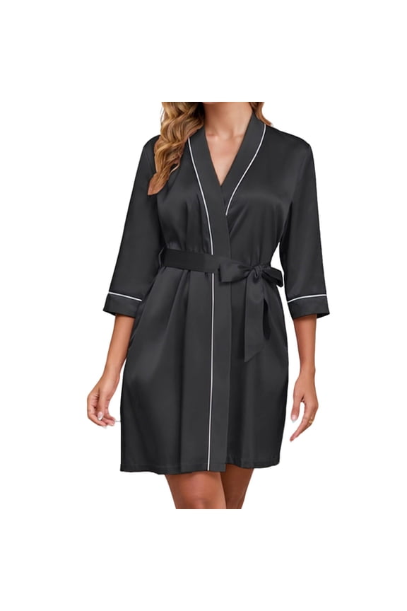 Womens Silk Robe Trim Satin Bathrobe 3/4 Sleeve Sexy Kimono Bride House Coat Pajamas Comfy Sleepwear with Belt