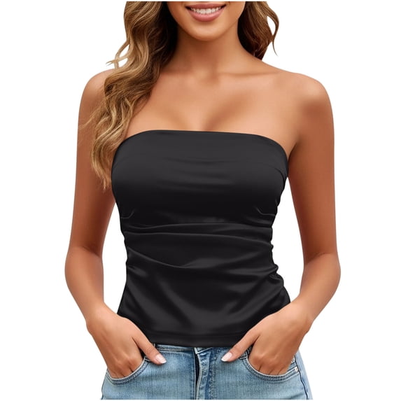 CHUMUD Womens Strapless Tube Tops Basic Ruched Crop Top Sleeveless Backless Bandeau Tanks Going Out Sexy Shirts