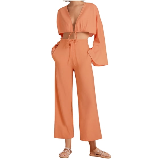 CHUMUD Womens Summer 2 Piece Cotton Linen Sets Deep V Neck Bell Sleeve Crop Top Matching Wide Leg Pants Lounge Travel Outfits