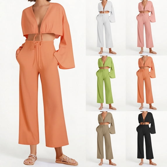 CHUMUD Womens Summer 2 Piece Cotton Linen Sets Deep V Neck Bell Sleeve Crop Top Matching Wide Leg Pants Lounge Travel Outfits