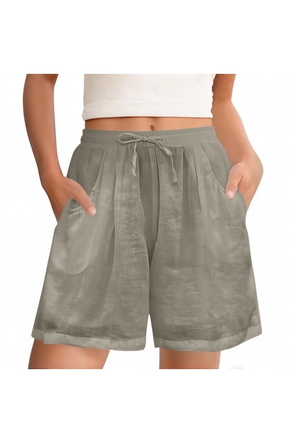 Womens Summer Cotton Linen Shorts Boho Drawstring Elastic High Waist with Pockets Casual Bermuda Short Pants