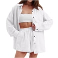 thumbnail image 1 of CHUMUD Womens Summer Cotton Linen Shorts Sets 2 Piece Long Sleeve Button Shirt Top Lounge Swim Cover Up Beach Vacation Tracksuits Casual, 1 of 9