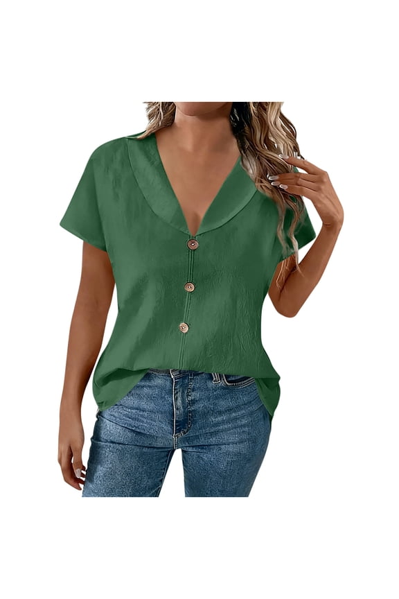 Womens Summer Cotton Tops Short Sleeve Casual Blouse V Neck Loose Fit Spring Fashion